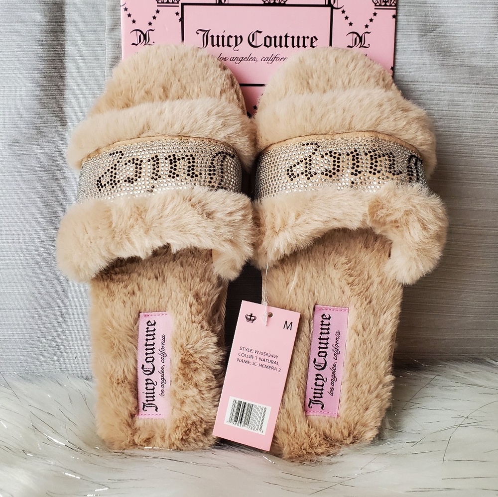 JUICY COUTURE Natural Tan Faux Fur Rhinestone Slippers